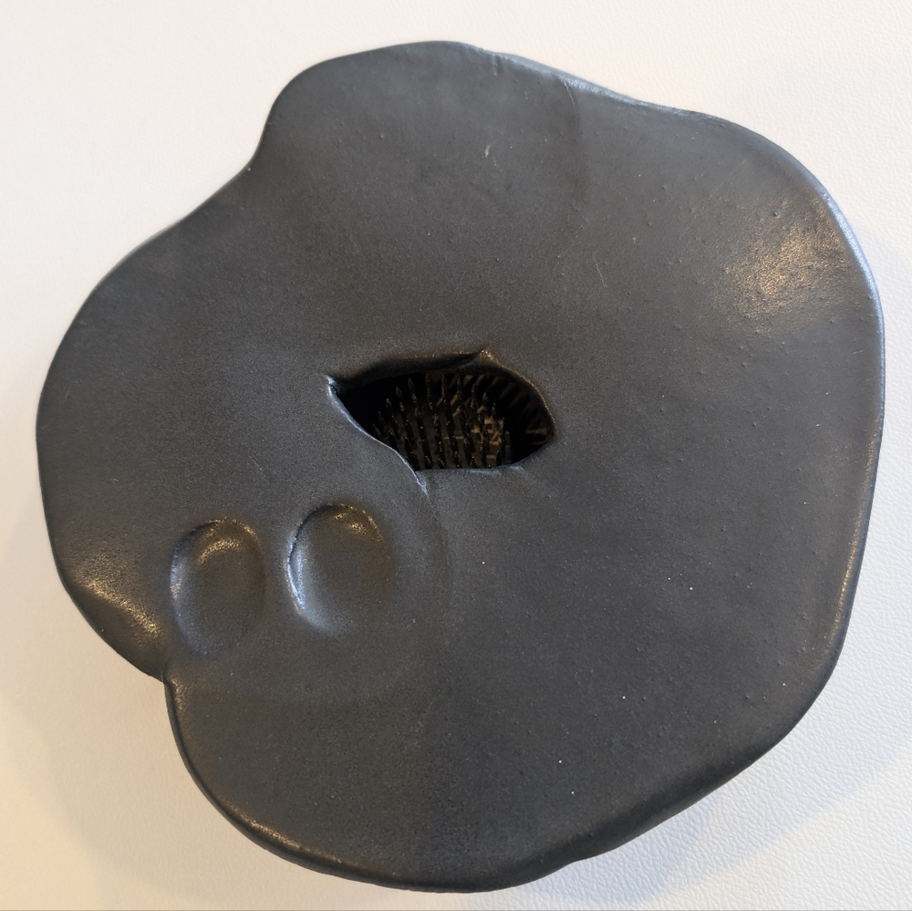 Free form pottery Japanese flower frog. 7" X 6.5" X 1.5"